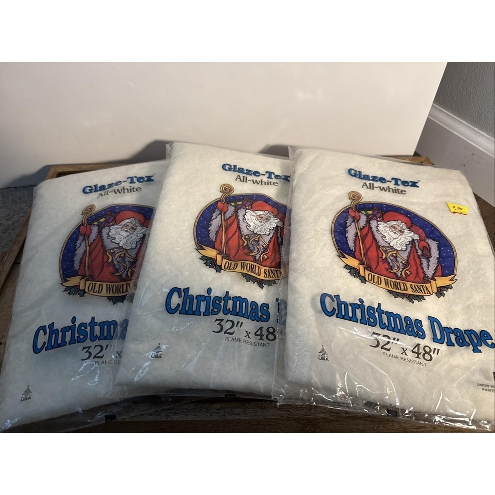 VTG NWT Glaze Tex Christmas Drape Old World Santa Set Of 3 All White 32x48